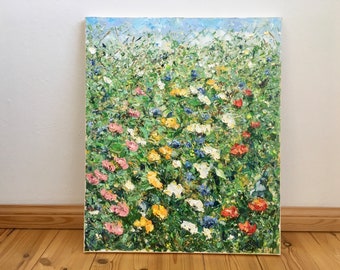 Colorful Flowers Field Impasto Oil Painting On Canvas Original Signed Blooming Flowers Canvas Wall Art Decor