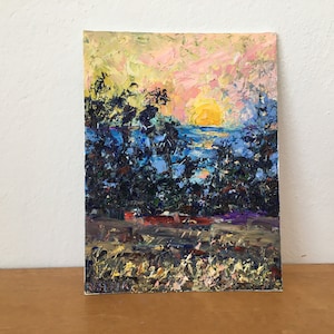 Sunset Impasto Oil Painting On Canvas Board Original Signed Evening Landscape Wall Art Decor
