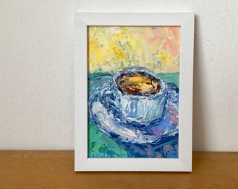コーヒーカップの絵画、オリジナルアクリル画、カプチーノアート
