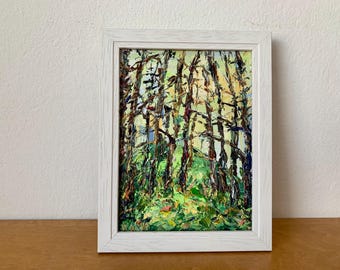 緑の森の絵画 オリジナルの木々の壁アート 川の油絵 キャンバスに描か