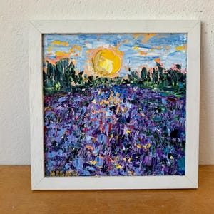 Lavender Flowers Field Impasto Oil Painting On Canvas Board Original Signed Sunset Landscape Wall Art Decor