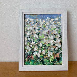 Pintura al óleo de flores blancas sobre cartón, original, firmada, para decoración de pared de jardín de verano