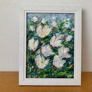 Tulipanes blancos flores impasto pintura al óleo sobre cartón original firmado flores florecientes jardín pared arte decoración