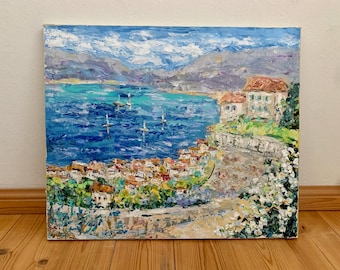 Italian Coastal Town Impasto Oil Painting On Canvas Original Abstract Italy Seascape Wall Art Decor