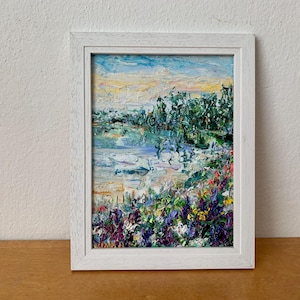 Pintura al óleo de flores de lupino sobre cartón, original, firmada, paisaje de verano, decoración de pared