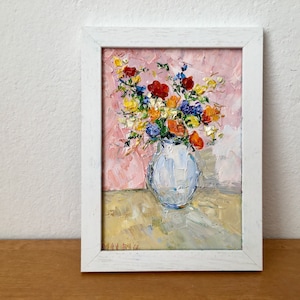 Flowers Bouquet Impasto Oil Painting On Canvas Board Original Signed Summer Flowers In The Vase Wall Art Decor