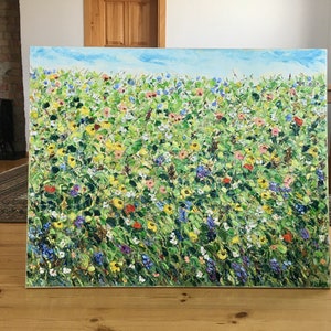 Large Flowers Meadow Impasto Oil Painting On Canvas Original Signed Summer Field Wall Art Decor