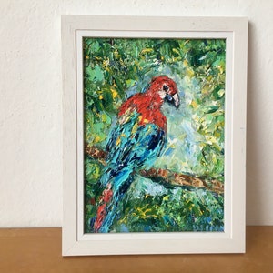 Parrot Ara Impasto Oil Painting On Canvas Board Original Red Bird Wall Art Decor