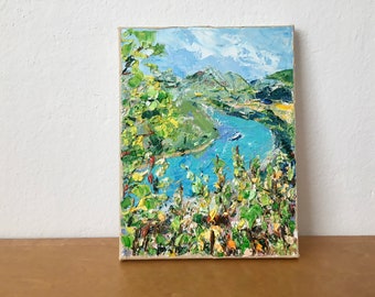 Moselle River Empâtement Peinture à l’huile sur toile Original signé Vignobles Paysage Mur Art Décor