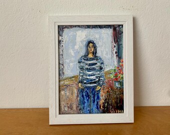 Girl In Striped Shirt Impasto Oil Painting On Canvas Board Original Signed Figurative Romantic Portrait Wall Art Decor