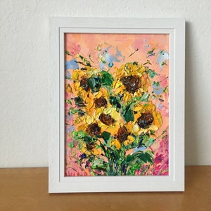 Pintura al óleo de girasoles empastados sobre cartón, original, firmada, para decoración de pared de jardín floral