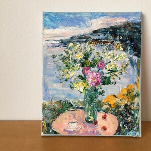 Flowers In The Vase Impasto Oil Painting On Canvas Original Signed Italy Seascape Wall Art Decor