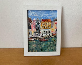 Amsterdam Netherlands Cityscape Houses Impasto Oil Painting On Canvas Board Abstract Dutch Urban Landscape Wall Art Decor