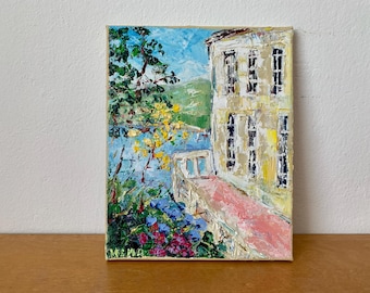 Terraza en Italia Pintura al óleo sobre lienzo Impasto Original Firmado Paisaje de verano Decoración de pared