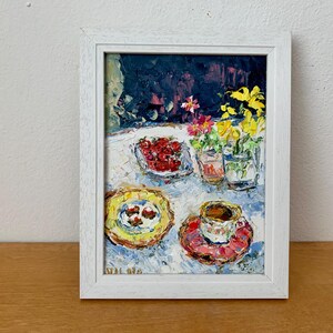 Naturaleza muerta de verano con flores y cerezas, pintura al óleo sobre cartón, original, firmada, decoración de pared para jardín de verano