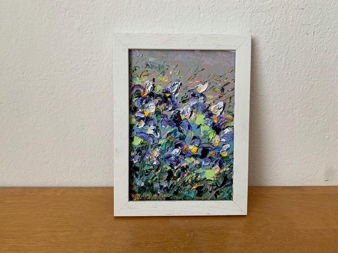 Irises Flowers Landscape Impasto Oil Painting on Canvas Board Original ...