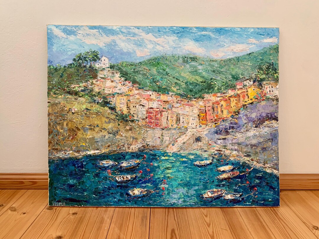 Large Riomaggiore Cinque Terre Landscape Impasto Oil Painting on Canvas ...