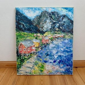 Lofoten Islands Norway Impasto Oil Painting On Canvas Original Norwegian Houses Wall Art Decor