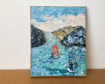 Windsurfing Impasto Oil Painting On Canvas Original Signed Torbole Sul Garda Italy Surfing Canvas Wall Art