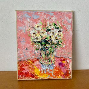 White Flowers In Vase Impasto Oil Painting On Canvas Original Bright Still Life Wall Art Decor