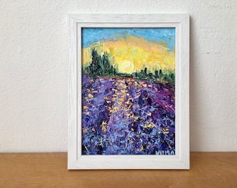 Lavender Flowers Field Impasto Oil Painting On Canvas Board Original Signed Sunset Landscape Wall Art Decor