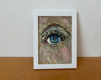 Pintura al óleo de ojos azules empastada sobre lienzo, arte de pared abstracto original con ojos, decoración