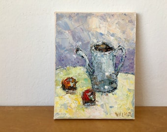 Teapot And Apples Impasto Oil Painting On Canvas Original Signed Kitchen Still Life Wall Art Decor