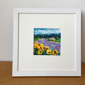 Pintura al óleo sobre cartón con empasto de campo de girasoles, original, firmada, paisaje de lavanda, decoración de pared con flores