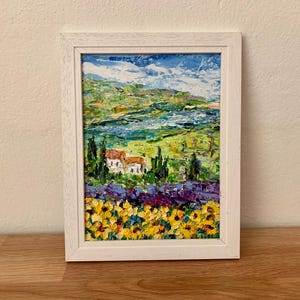Pintura al óleo sobre cartón con empasto de campo de lavanda y girasoles, original, firmada, paisaje provenzal, decoración de pared