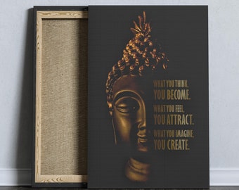 Golden Buddha Quote Large Canvas - Law of Attraction Buddhist Spiritual Black Gold Inspirational Modern Wall Art