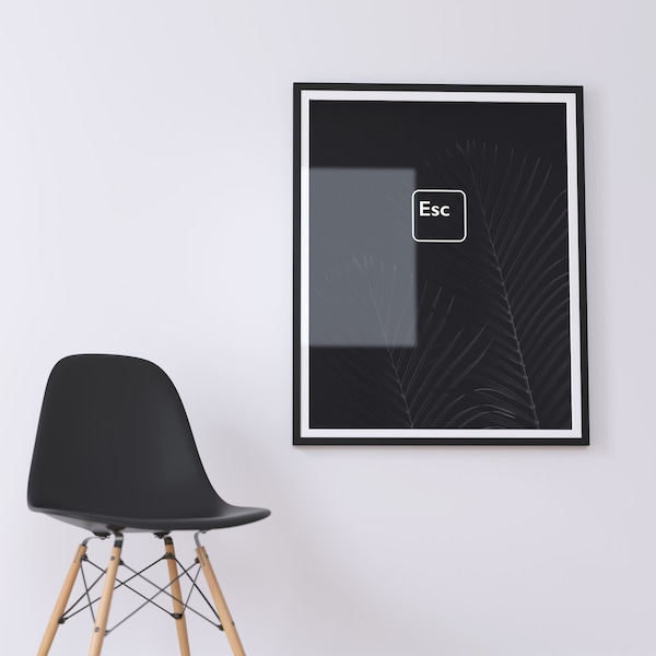 Esc Keyboard Poster Print - Escape Key Palm Leaf Black and White Minimalist Modern Wall Art