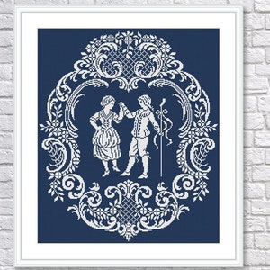 May include: A cross stitch pattern featuring a couple dancing in a white baroque frame on a dark blue background. The pattern is titled "Barocco Sampler".
