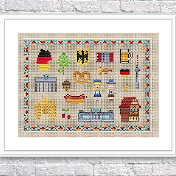 GERMANY Sampler Cross Stitch Counted Chart PDF Instant Download Stitch Your Country Series Great for Kids and Beginners German Culture