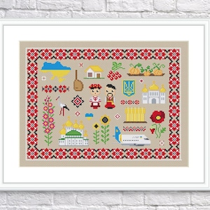 Könnte beinhalten: Ein Kreuzstich-Mustersampler mit ukrainischen Symbolen, darunter die Landesflagge, traditionelle Kleidung, eine Kirche, Sonnenblumen und ein Flugzeug. Das Muster ist von einem roten und schwarzen Rand umgeben.