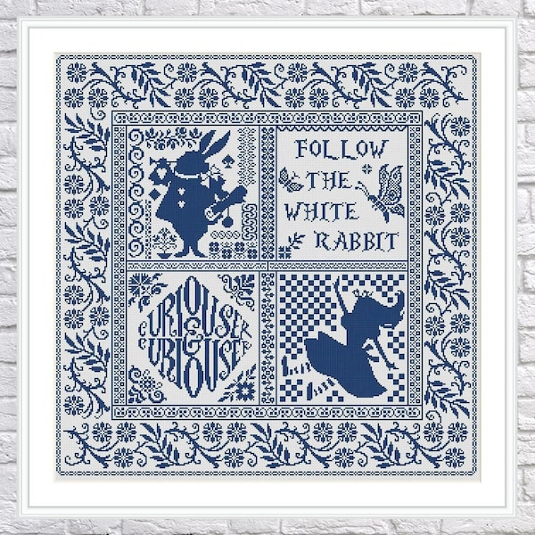 Alice au pays des merveilles Monochrome Sampler #1 Cross Stitch Counted Chart PDF Instant Download Unique Follow the White Rabbit Curiouser Quote