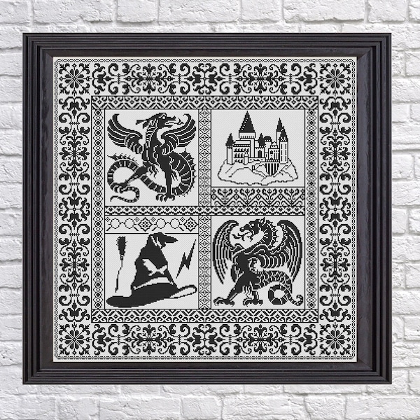 Magic Monochrome Sampler #1 Cross Stitch Counted Chart PDF Instant Download Unique Wizard Hat Magical School Dragon Castle