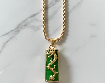 Lucky Jade Necklace | Lucky Dragon Necklace | Good Luck Jade Pendant | 18K Vintage Gold Plated Jade Charm| Chinese Good Lu