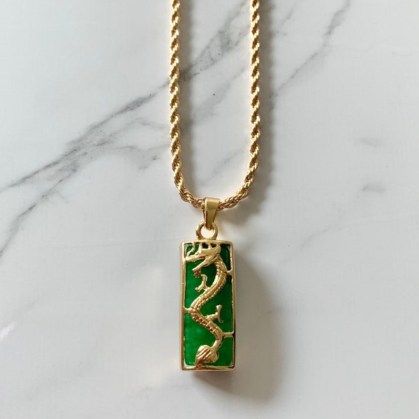 Lucky Jade Necklace | Lucky Dragon Necklace | Good Luck Jade Pendant | Gifts For Her | 18K Vintage Gold Plated Jade Charm| Chinese Good Luck