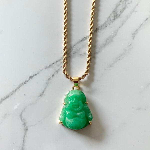 Green Jade Necklace | Gold Plated Happy Buddha Necklace | Buddha Pendant | Good Luck Jade | Gifts For Her | Tarnish free Lucky Buddha