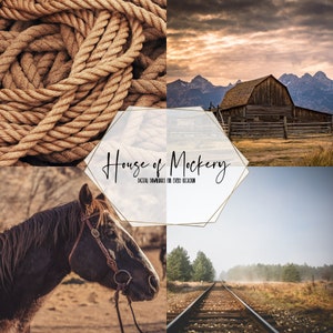 May include: A collage featuring a coil of brown rope, a rustic wooden barn before mountains at sunset, a horse wearing a leather bridle, and railroad tracks leading into a misty forest, with the text House of Mockery Digital Downloads For Every Occasion.