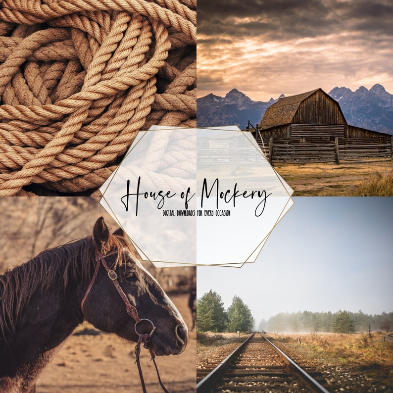 May include: A collage featuring a coil of brown rope, a rustic wooden barn before mountains at sunset, a horse wearing a leather bridle, and railroad tracks leading into a misty forest, with the text House of Mockery Digital Downloads For Every Occasion.