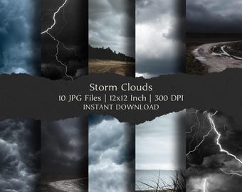 Storm Clouds Digital Paper Kit 12x12 Inch, 10 Digital INSTANT DOWNLOAD Hi-Res JPEGs for Junk Journals, Scrapbooking & Printable Crafts