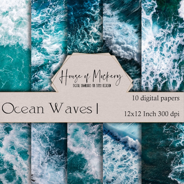 Ocean Waves Digital Scrapbook Paper Kit/ 12x12 Inch, 10 Digital INSTANT DOWNLOAD High Definition Papers, Water Theme Texture Scrapbook Paper