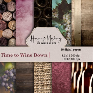 Kit de papel digital para álbumes de recortes Time To Wine Down de 8,5 x 11 y 12 x 12, 10 papeles digitales de alta definición con DESCARGA INSTANTÁNEA, papel para álbumes de recortes de viñedos