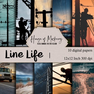 Line Life Digital Scrapbook Paper Kit/12x12 Inch, 10 Digital INSTANT DOWNLOAD High Definition Papers, Lineman Themed Scrapbook Paper Digital