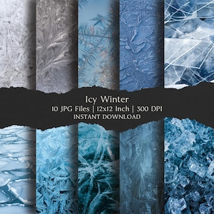Icy Winter デジタルペーパーキット 12 x 12インチ、10枚のデジタルインスタントダウンロード、高解像度JPEG、ジャンクジャーナル、スクラップブッキング、印刷可能なクラフト背景