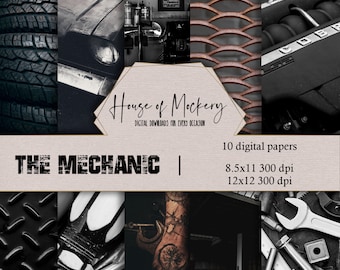 The Mechanic Digital Scrapbook Paper Kit 8.5x11 and 12x12, 10 Digital INSTANT DOWNLOAD High Definition Papers, Scrapbook Paper Digital