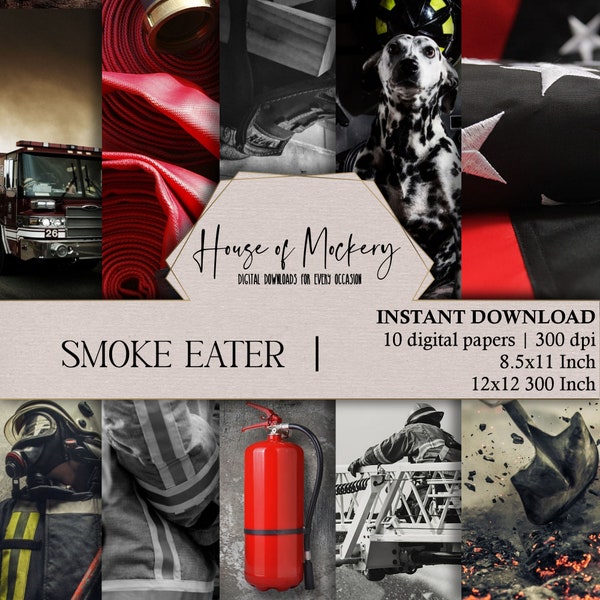 Smoke Eater/Firefighter Digital Scrapbook Paper Kit 8.5x11 and 12x12, 10 Digital INSTANT DOWNLOAD High Definition Papers, Scrapbook Paper