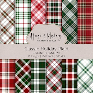 Kit de papel digital clásico de cuadros escoceses navideños de 30,5 x 30,5 cm, 12 hojas digitales JPEG de alta resolución, descarga instantánea, para diario basura, scrapbooking y manualidades imprimibles.