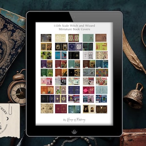 May include: An iPad displays a collection of miniature book covers with a witch and wizard theme. The image includes antique books, a magnifying glass, a bell, and a quill. The House of Mockery logo is visible.